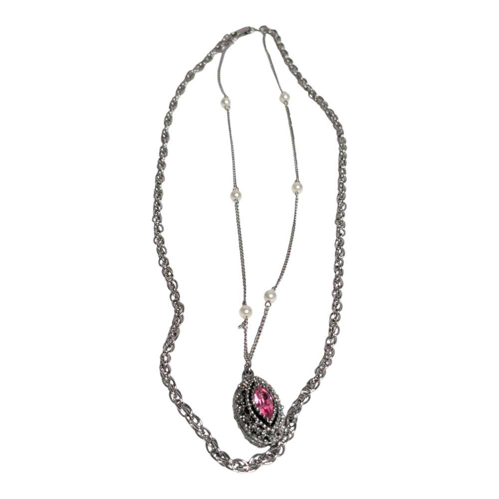 Vintage Style Layered Necklace Pink Rhinestone Marquise Pendant‎ Pearl Accents